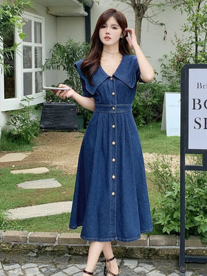 Temperament Summer Women's Denim Dress Elegant Turn-down Collar Short Sleeve Single Breasted Oversized Midi Female Dress M-3xl