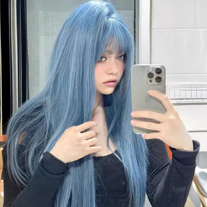 Blue Synthetic Wig Female Long Hair Naturally White Full Head Set Air Bangs Long Straight Hair Heat Resistant Cosplay Wig