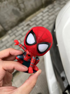 Movie Spiderman Figure Q Version Shaking His Head Doll Squatting Climbing Hanging Rope Cartoon Doll Hand-made Car Ornament Toy