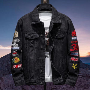 Trendy Embroidered Casual Jacket with Holes Men's Loose Denim Clothing Trendy Youth Jacket Spring and Autumn Long Sleeved Jacket