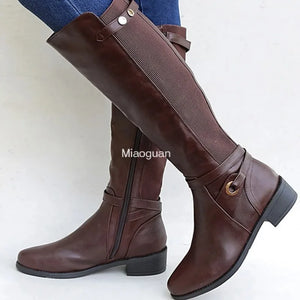 Women's Chunky Heel PU Leather Boots Long Booties Knee High Boots for Ladies Autumn Winter Gothic Shoes Slouchy Woman Wide Calf