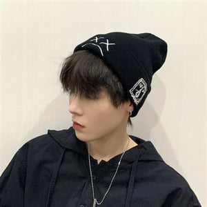 Beanie Knitted Hat hip-hop style  Embroidered Knitted hat with sad Expression  Warm Woolen hat for men and women