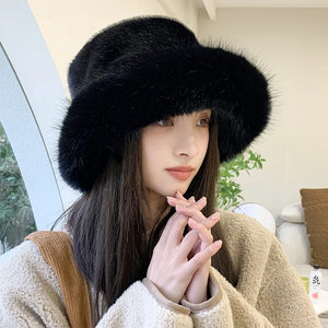 Winter Hat for Women Faux Fur Fluffy Bucket Hat for Women Luxury Plush Hat Thicken Snow Oversized Fur Bucket Hat Soft Panama Cap