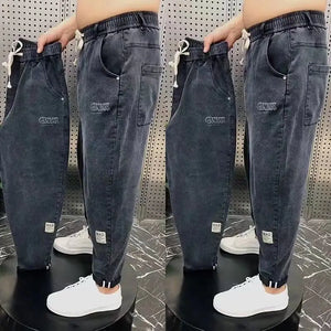 Harajuku Stretch Korea Streetwear Loose Solid Denim Jeans Elastic Waist for Men Spring Summer New plus size 7XL 8XL Casual Pants