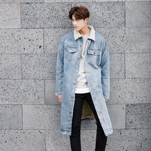 Wear /men's Patchwork Furry Lining Warm Denim Cotton Clothes Male 2022 Spring Winter Mid-length Lapel Thickened Coat 2Y3221