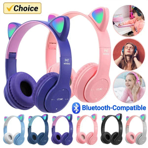 Hot P47M Wireless Headphone Flash Light Cute Cat Ears Fone with Mic Control LED Stereo Music Helmet Phone Bluetooth Headset Gift