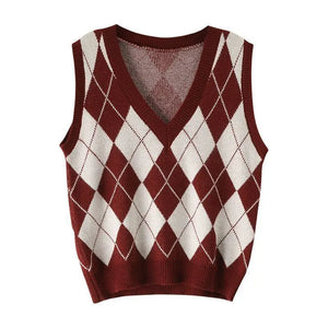 2024 Woman Sleeveless Plaid Vintage Sweater Vest Checkered Waistcoat Lady Autumn Winter  Pullover Knit  U1364