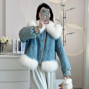 2023Real fur, Winter Women's Denim Jacket Goose Down Coats Natural Real Fox Fur Collar Outwear Luxury Female Jacket