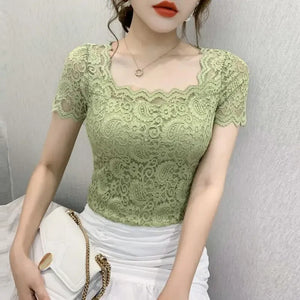 Blouse Women Lace Top Women's Short-Sleeved Summer Square Collar Sexy Cutout Shirts Blusas Ropa De Mujer