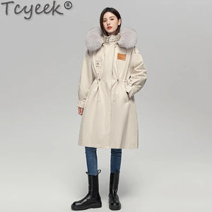 Tcyeek 2023 Winter Fox Fur Collar Parka Elegant Womens Fur Coat Warm Rex Rabbit Fur Liner Detachable Long Jacket Women Clothing