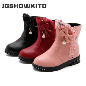 Girls Princess Boots Kids Ankle Boots Lace with Bow-knot Sweet Warm Cotton Children Rubber Boots Fur Lining Snow Boots Shoes New