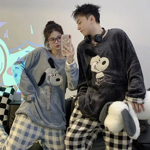 Snoopy Cartoon Cute Kawaii Coral Fleece Couples Long-Sleeved Plaid Pajamas Set Plushie Anime Plush Toys for Girl Birthday Gift