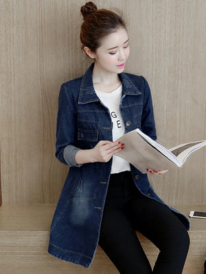 Zoki Autumn Women Denim Jacket Fashion Ripped Female Jean Long Coat Koran Cotton Slim Long Sleeve Blue Outwear 5XL