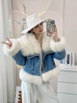 Autumn Winter Women's Denim White Goose Down Coats With Natural Real Fox Fur Collar Cuff Women Outwear Luxury Female Jacket