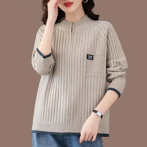 Simplicity Elegant Solid Office Lady Fashion Loose Casual Women's Clothing Zipper Screw Thread Long Sleeve Sweaters Cardigan