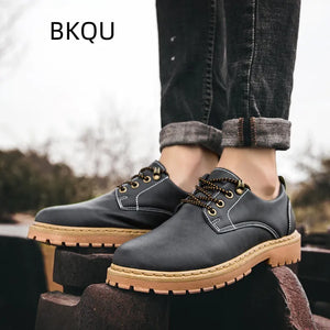 Men Leather Shoes Outdoor Wear-Resistant Flat Heel Walking Elastic Platform Casual Trendy All-match Spring and Autumn Main Push