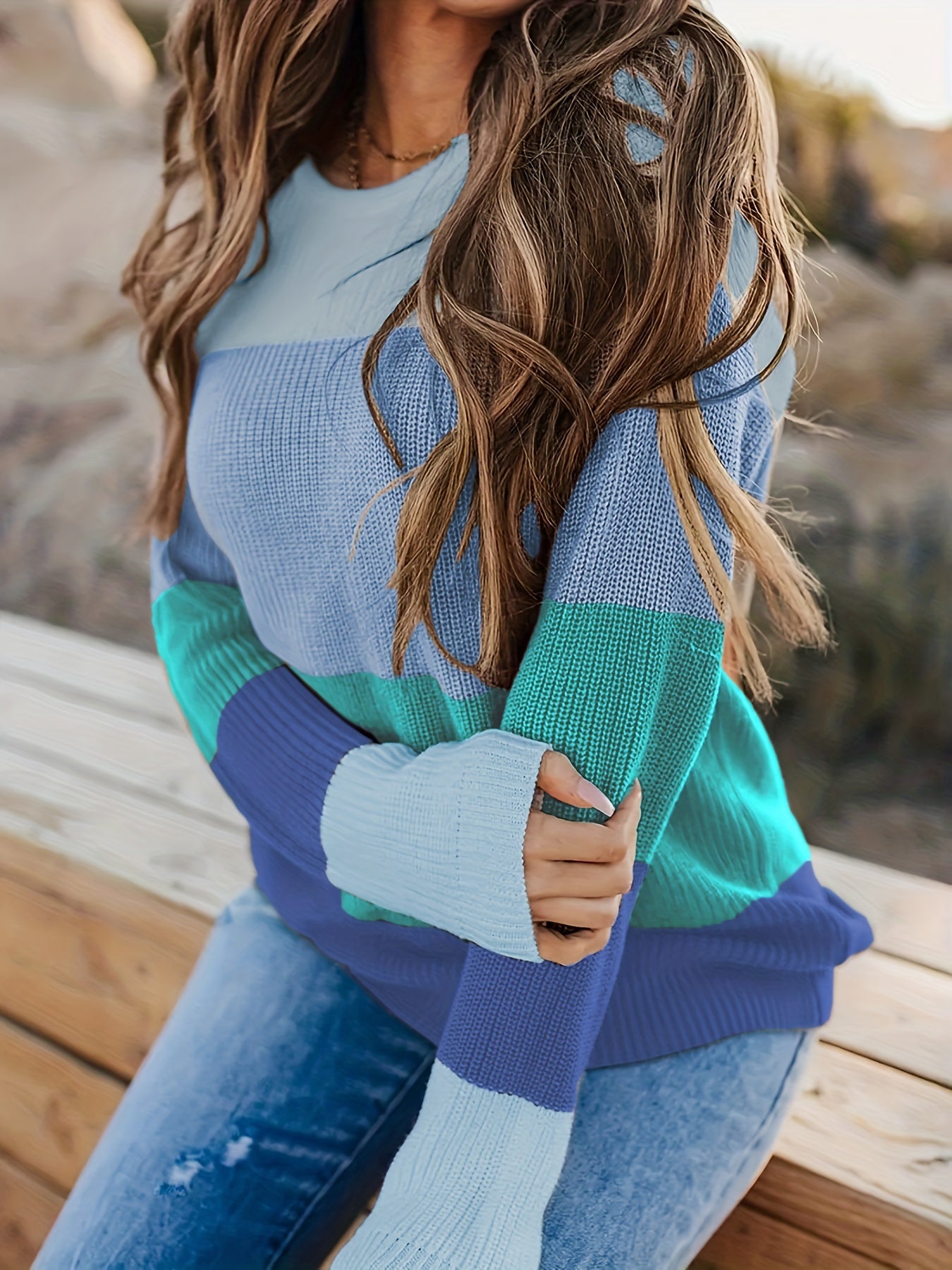 Striped Pattern Knitwear Tops, Crew Neck Long Sleeve Pullover Sweaters, Color Block Shirts, Women's Clothing