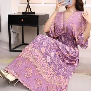 V-neck Tunic Large Swing Printed Dress Long Skirt