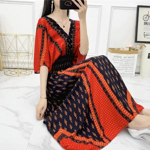 V-neck Tunic Large Swing Printed Dress Long Skirt