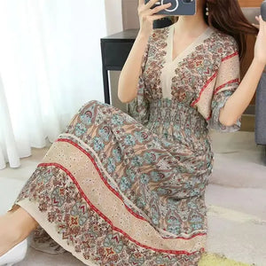 V-neck Tunic Large Swing Printed Dress Long Skirt