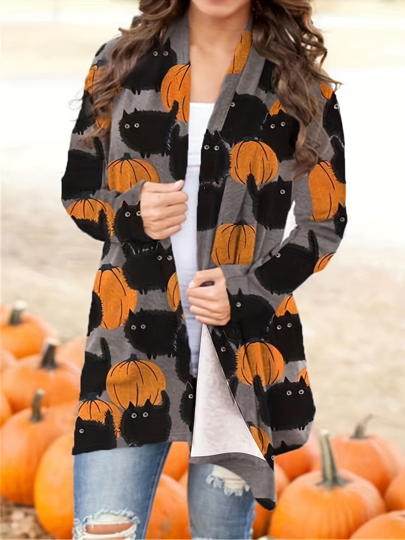Halloween Pumpkin Pattern Cardigan, Casual Open Front Long Sleeve Cardigan For Spring & Fall, Women's Clothing