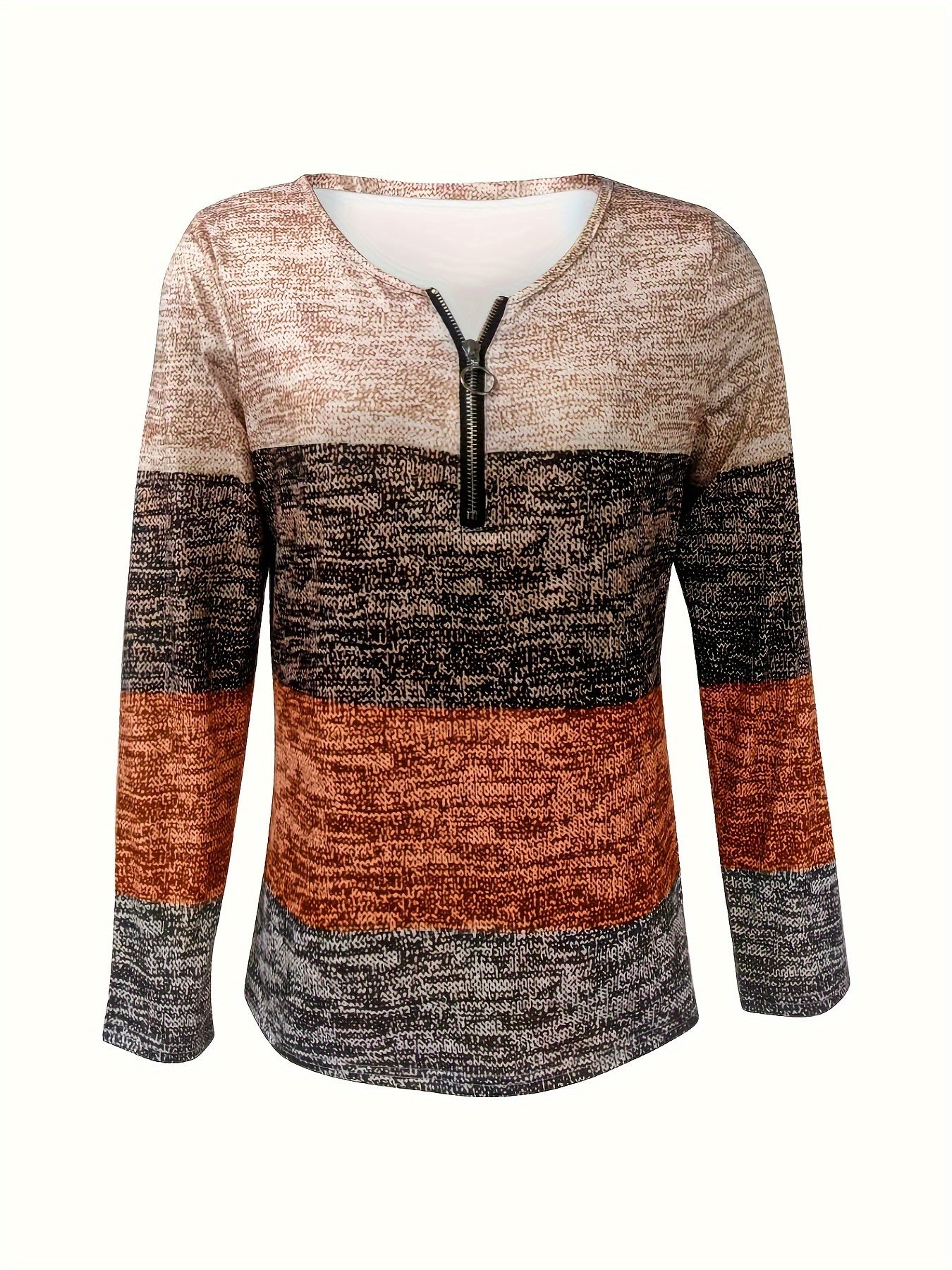 Color Block Quarter Zip T-Shirt, Casual Long Sleeve T-Shirt For Spring & Fall, Women's Clothing