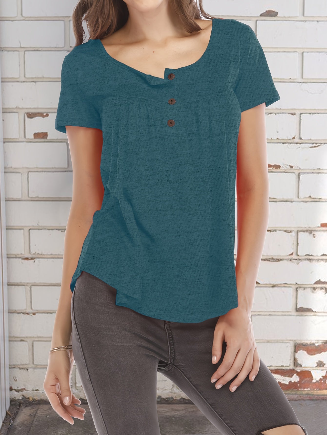 Basic Loose Solid T-Shirt, Casual Short Sleeve V-Neck T-Shirt, Casual Every Day Top, Women's Clothing